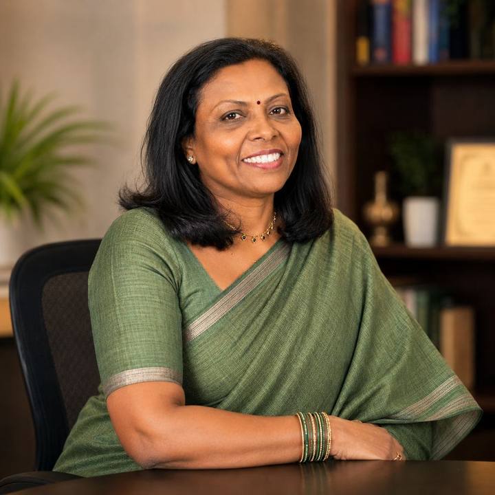 Pongal Punitha, smiling, seated at her desk in a green saree